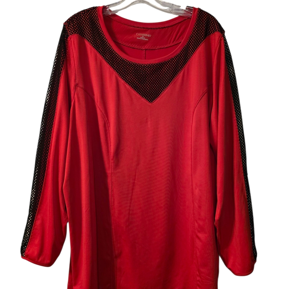 Vibrant Red Top with Black Mesh Details